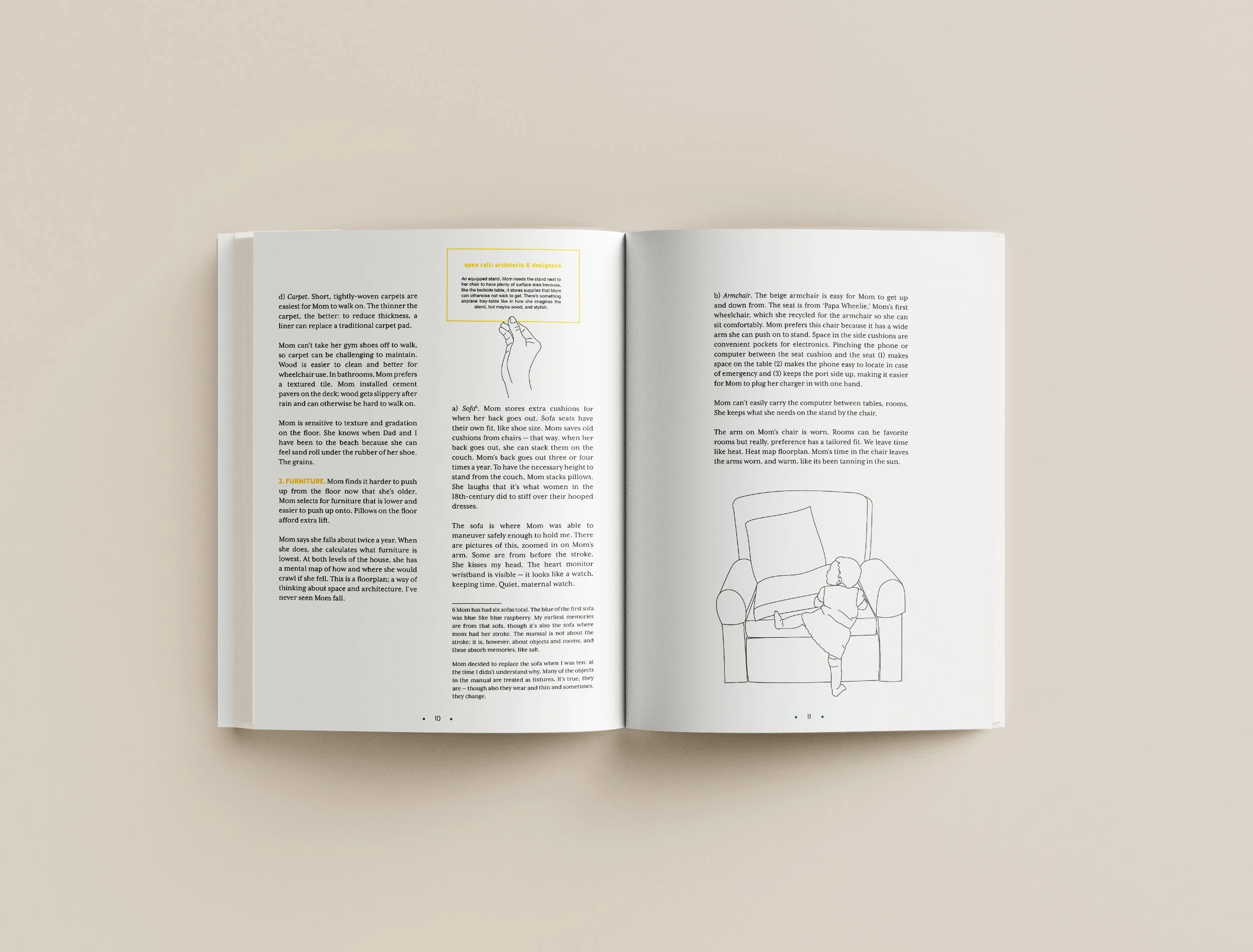 Open magazine shown lying flat with text and line drawings of a child sitting in an armchair, with annotations about home furnishings and comfort.
