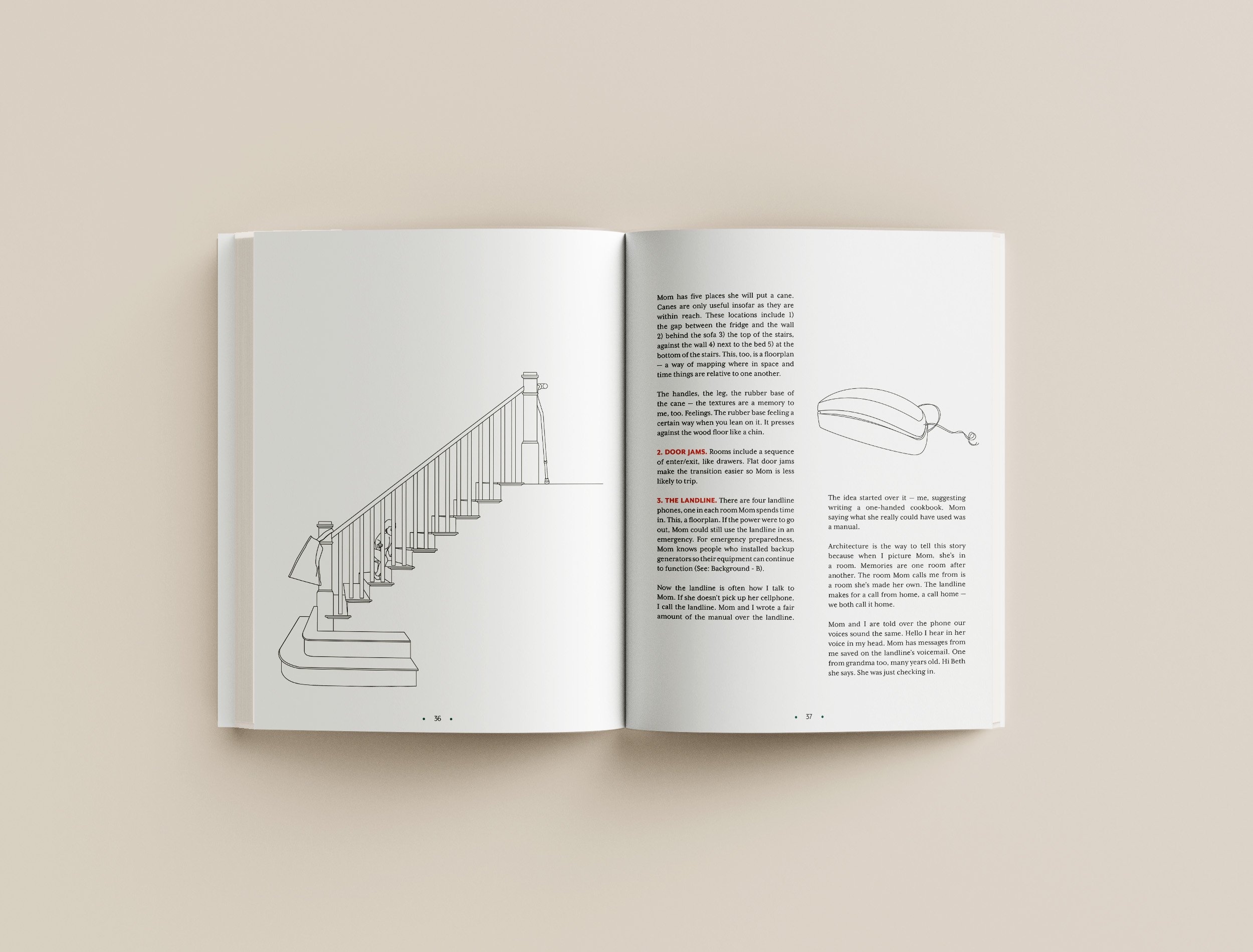 Open book displaying a black-and-white line drawing of a staircase on the left page and an illustration of a landline phone on the right page.