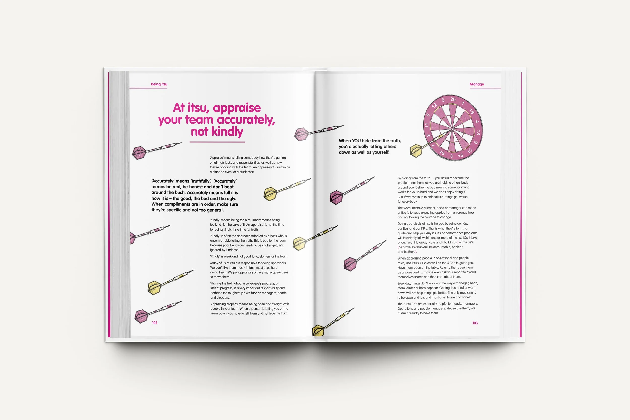 An open magazine spread with a dartboard illustration and dart images, featuring pink, yellow, and purple colors and text about team appraisal and honesty.