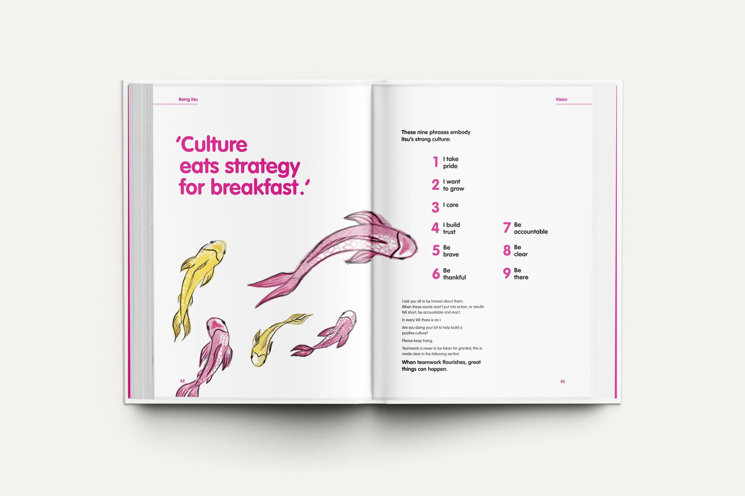 Open book with illustrated fish and text about culture and teamwork on a white background.