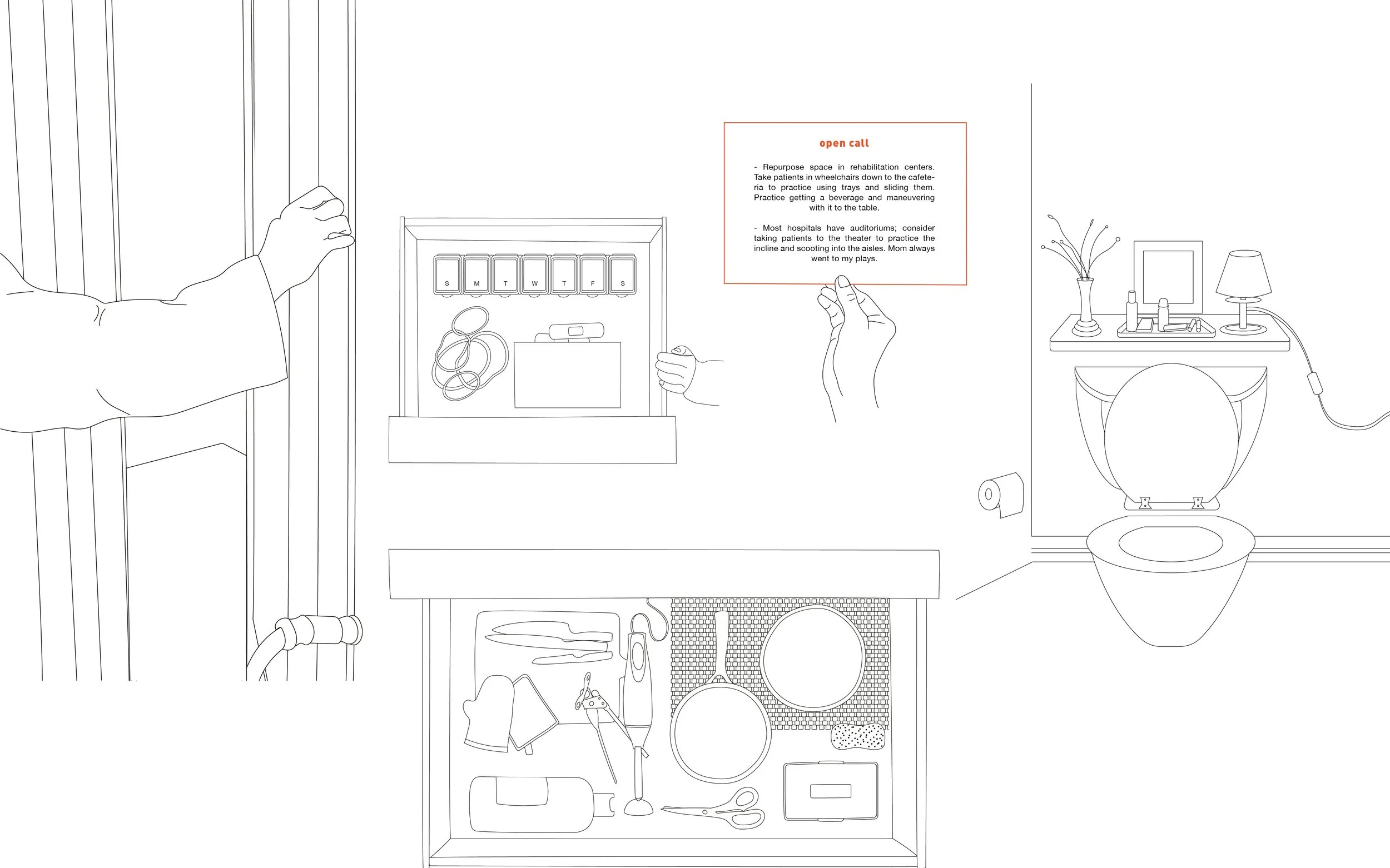 Line drawing of a hospital or rehabilitation room with a person reaching towards a curtain, a hand holding a sign that reads 'open call', a medical supply box with cords and bandages, a table with grooming tools, a bathroom with a toilet and sink, an