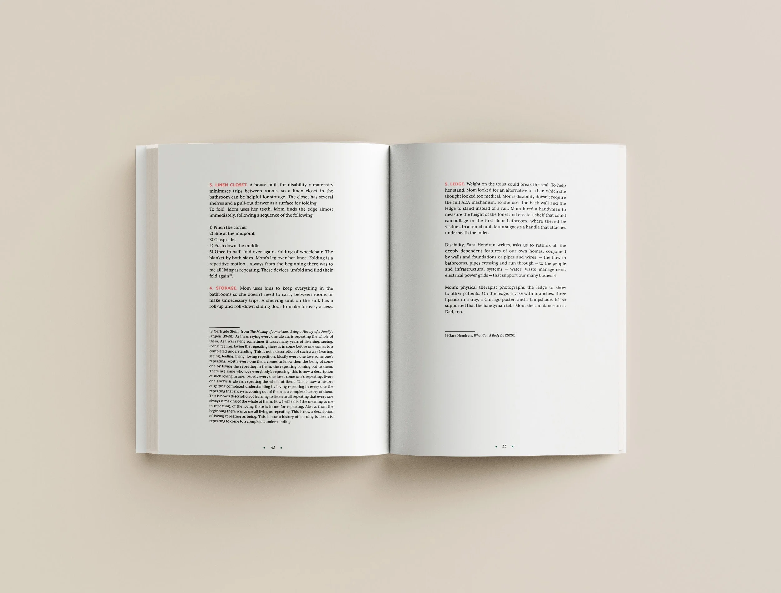 Open book on a plain, light-colored surface, showing two white pages with black and red printed text, with page numbers 32 and 33 at the bottom.