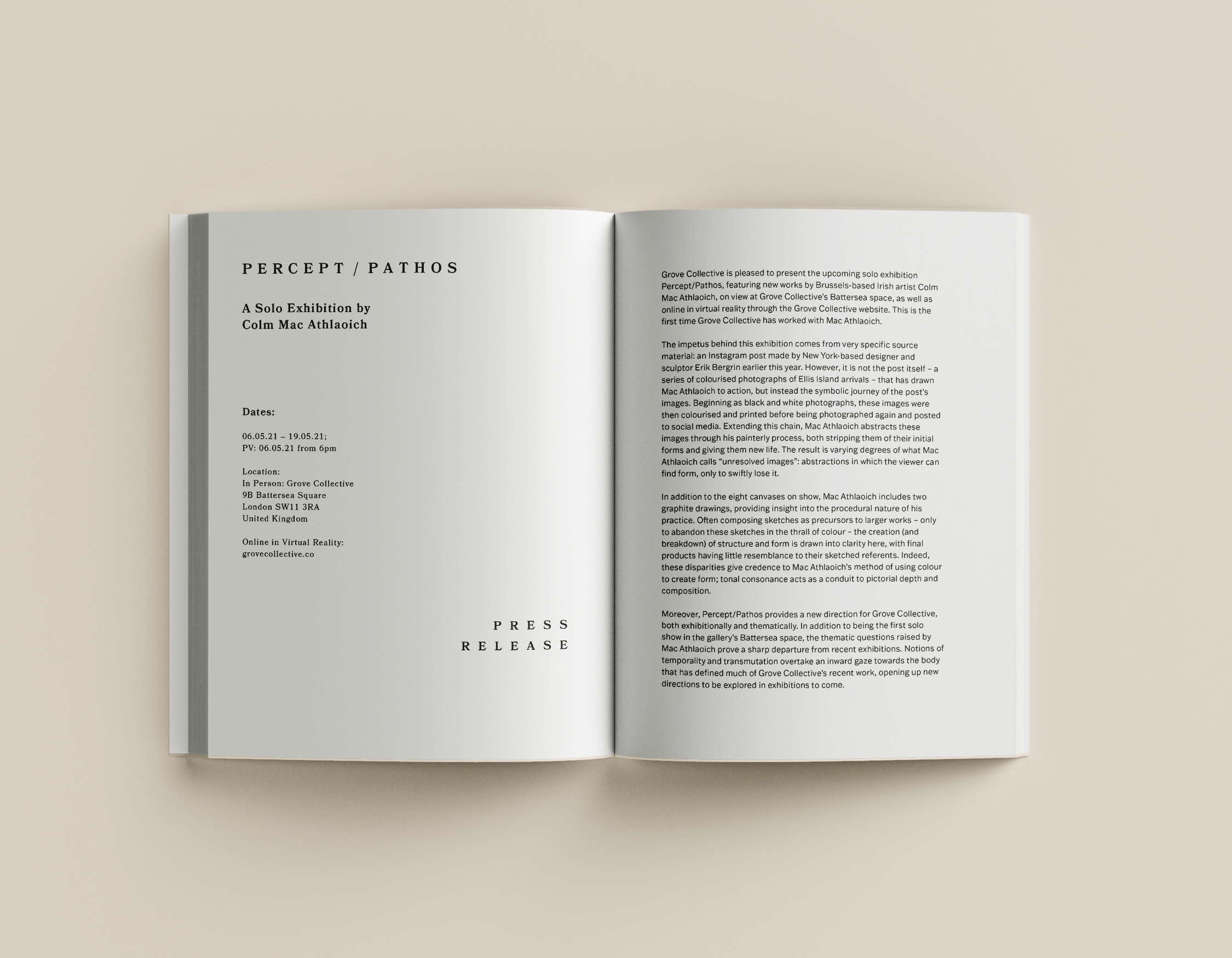 Open book with publication titled "Percept/Pathos" by Colm Mac Athlaoic, containing details about an exhibition, including dates, location, and press release, on a neutral background.