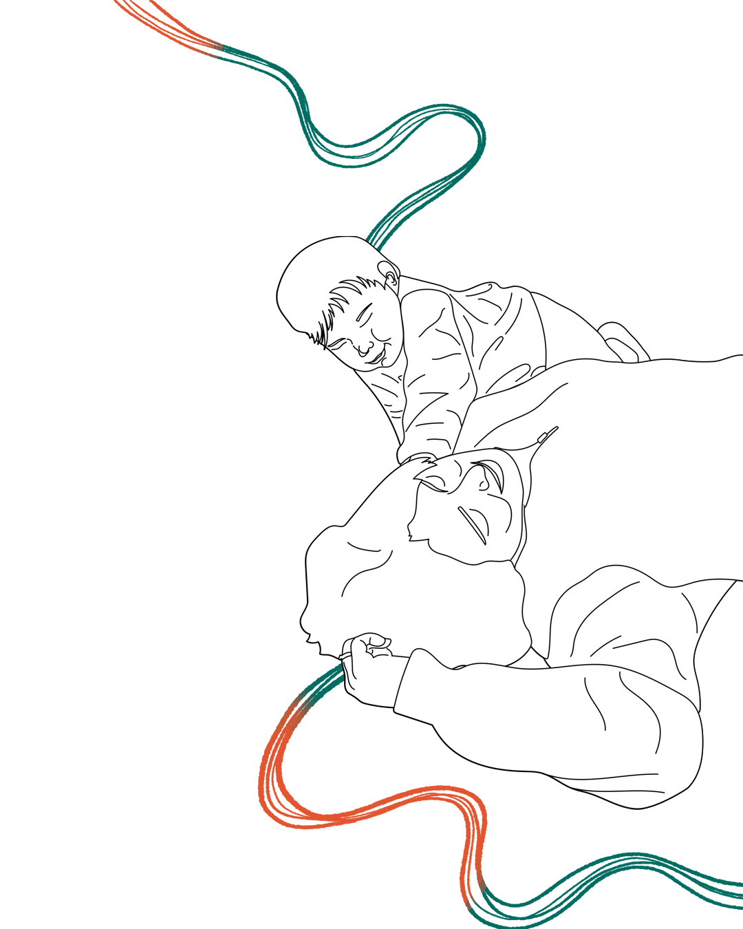 Line drawing of a young boy and girl lying down, facing each other, with colorful wavy lines above and below them.