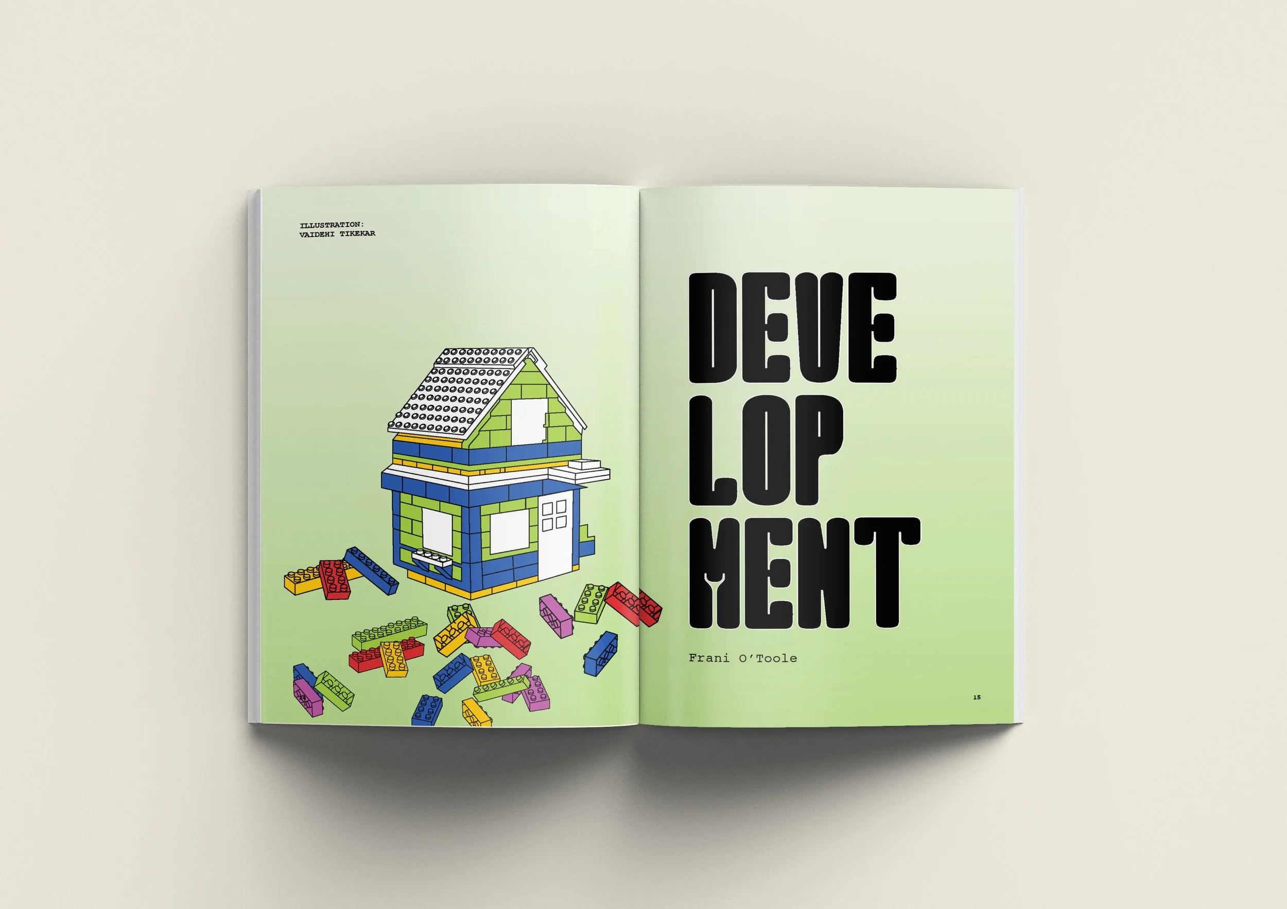 Open book with illustration of a LEGO house on the left page and large text reading 'DEVELOPMENT' on the right page, with a green background.
