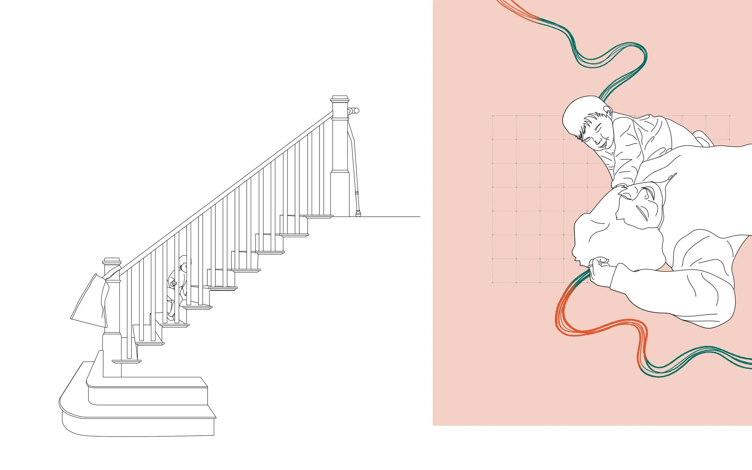 Line drawing of a staircase with a person climbing it on the left side. On the right side, a line drawing of two children lying on a blanket, one lying on their stomach and the other on their side, with colorful wavy lines above them.