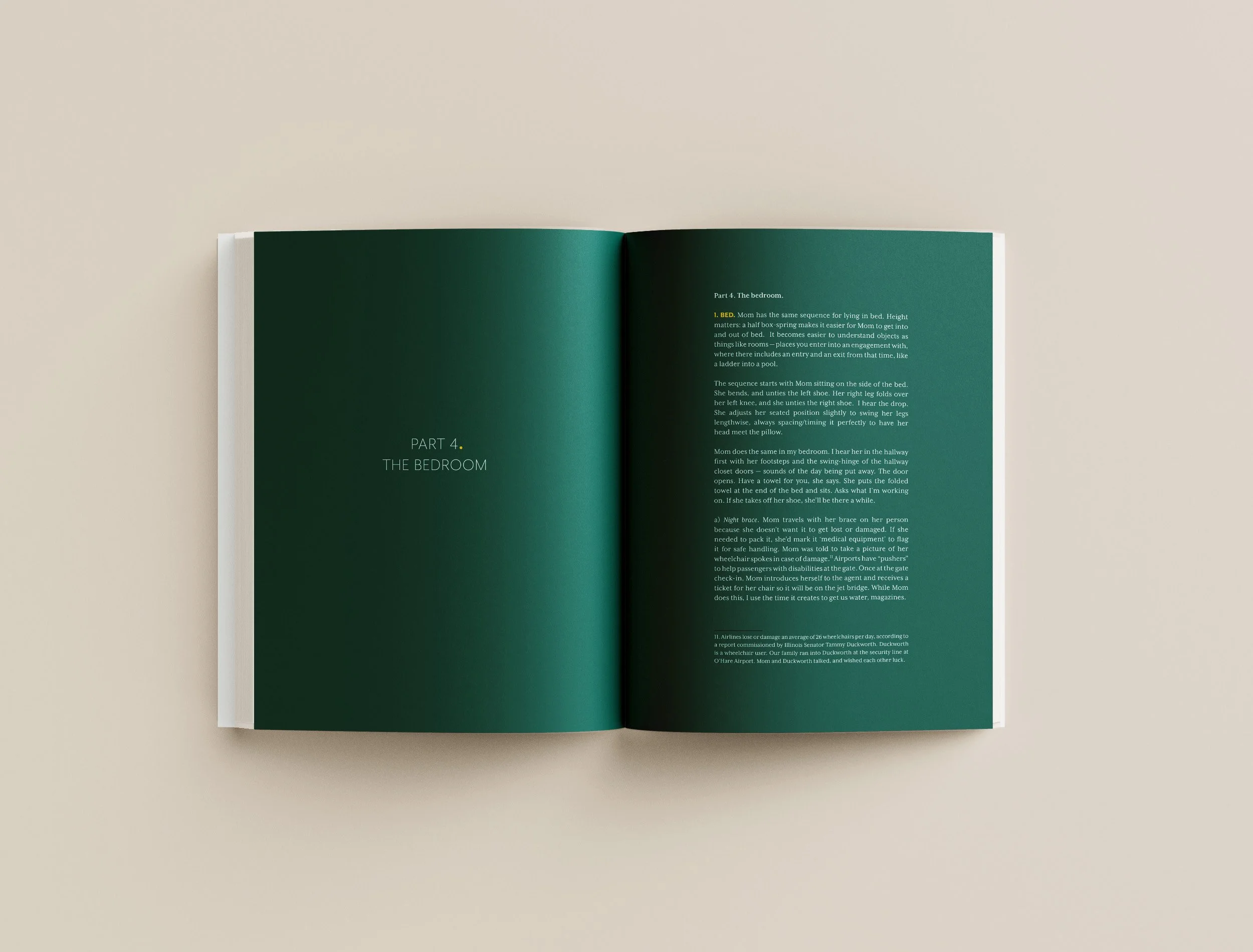 Open book on light-colored surface with green pages displaying Part 4: The Bedroom and text about bedtime routines.