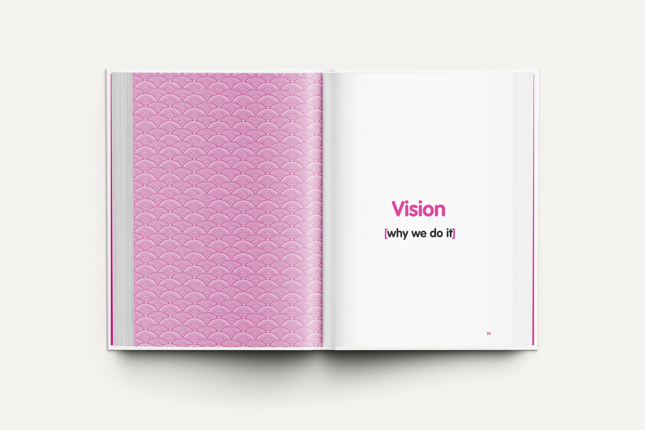Open book displaying a pink and white patterned page on the left and a white page on the right with the title 'Vision' in pink and subtitle '[why we do it]' in black.