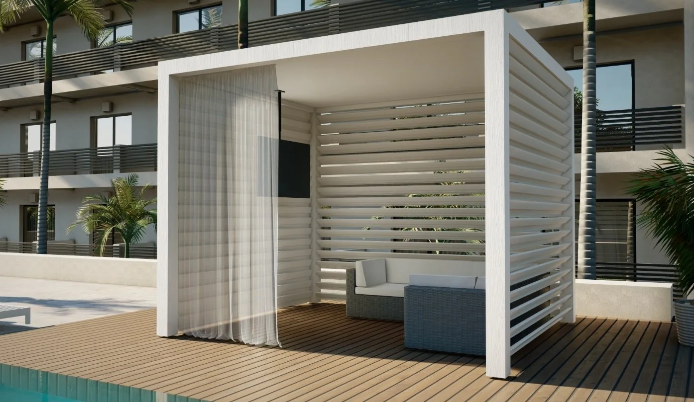 Custom poolside cabana with seating and shade in Southampton, NY
