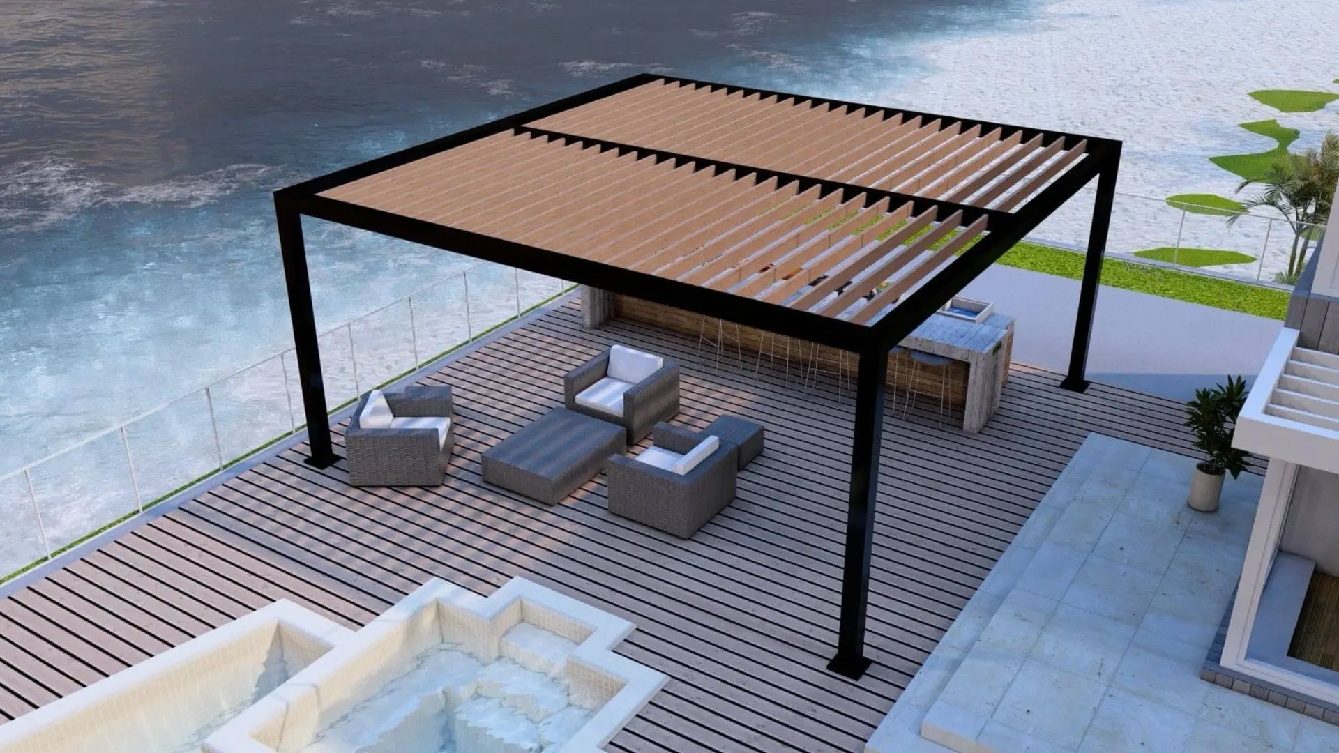 Louvered pergola with sleek frame defining an outdoor relaxation area in Long Island, NY