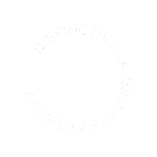 Text in a circle reading 'DISTRINCTIVE LANDSAPE ARTISTRY' on a black background.