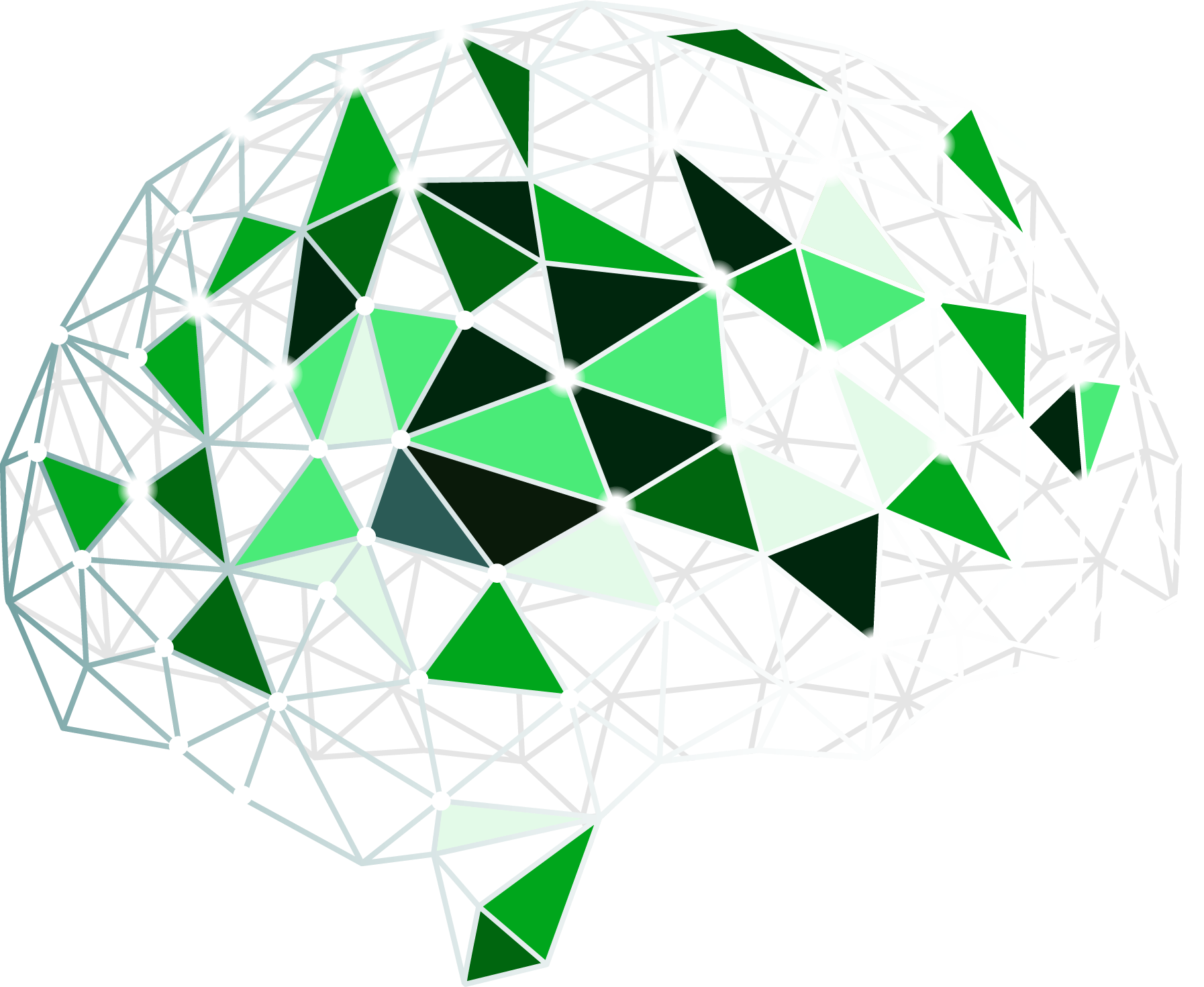 A digital illustration of a human brain made of interconnected white lines, white circles, and green triangles on a black background.