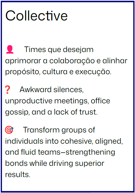 Quadro com texto sobre equipe e colaboração, destacando os desejos, desafios de silêncio, fofoca e desconfiança, e a transformação de grupos em times coesos e alinhados.