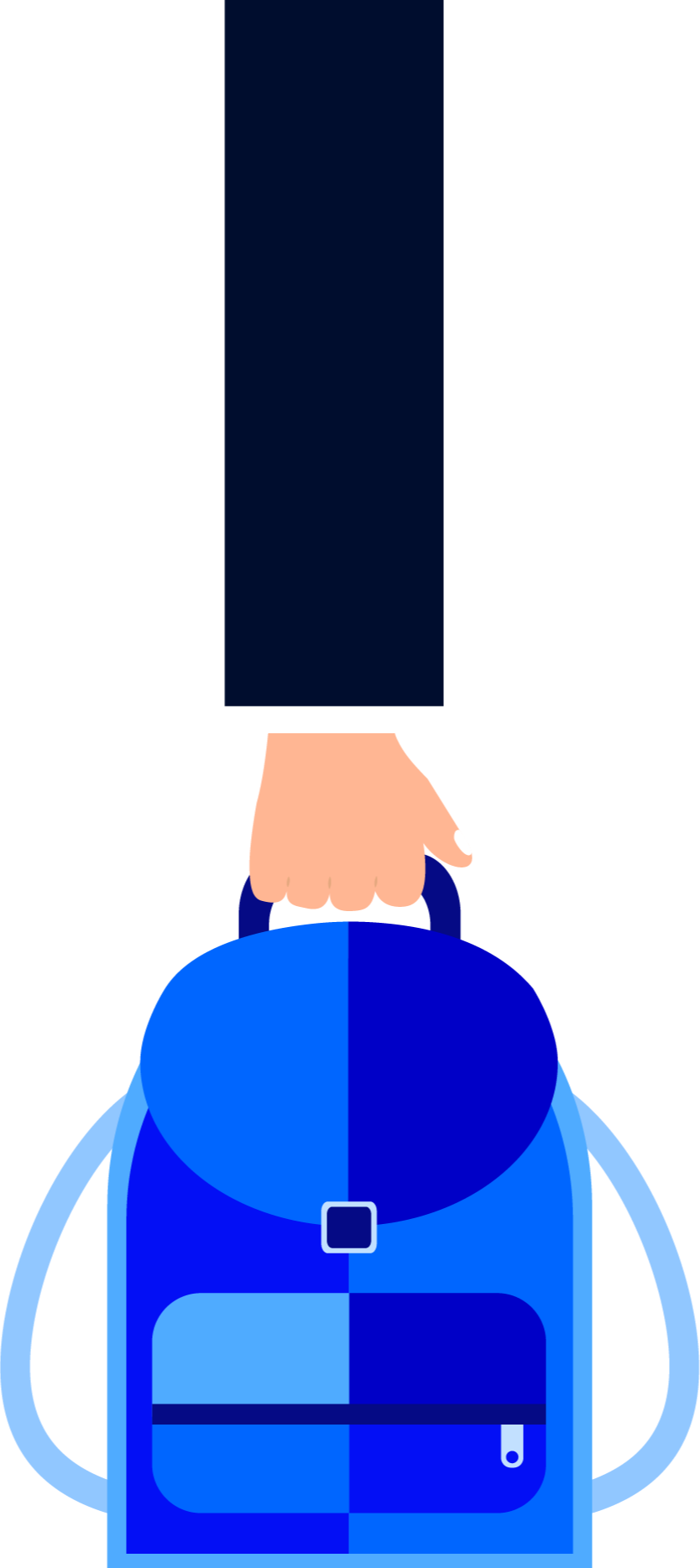 Illustration of a person in a suit holding a blue backpack.