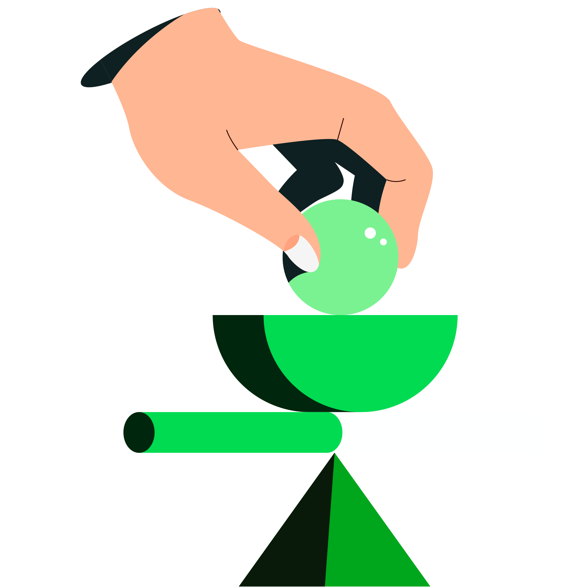 A hand placing a green ball into a balancing scale with a green half-sphere on top, set against a black background.