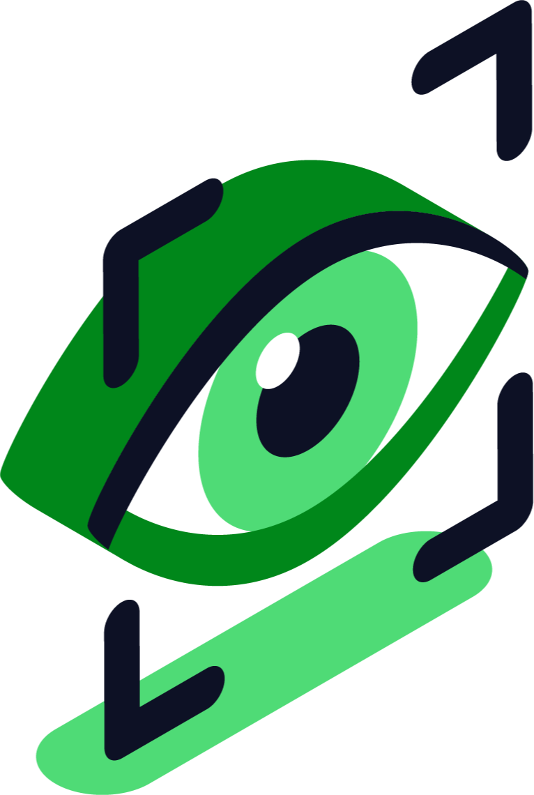 An illustration of a green eye with a black pupil, wearing 3D glasses, positioned on a green base, with black lines surrounding it.