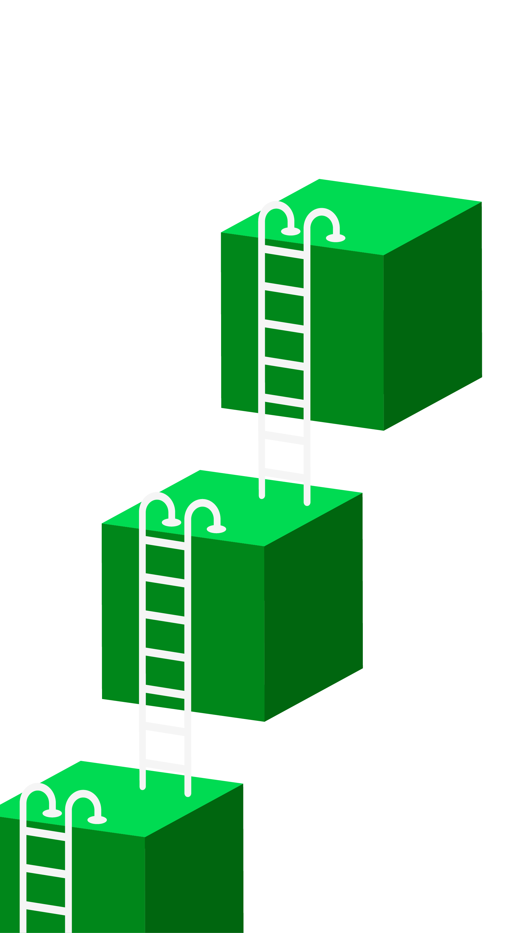 Three green blocks stacked vertically with white ladders on each, leading to the top of each block, set against a black background.