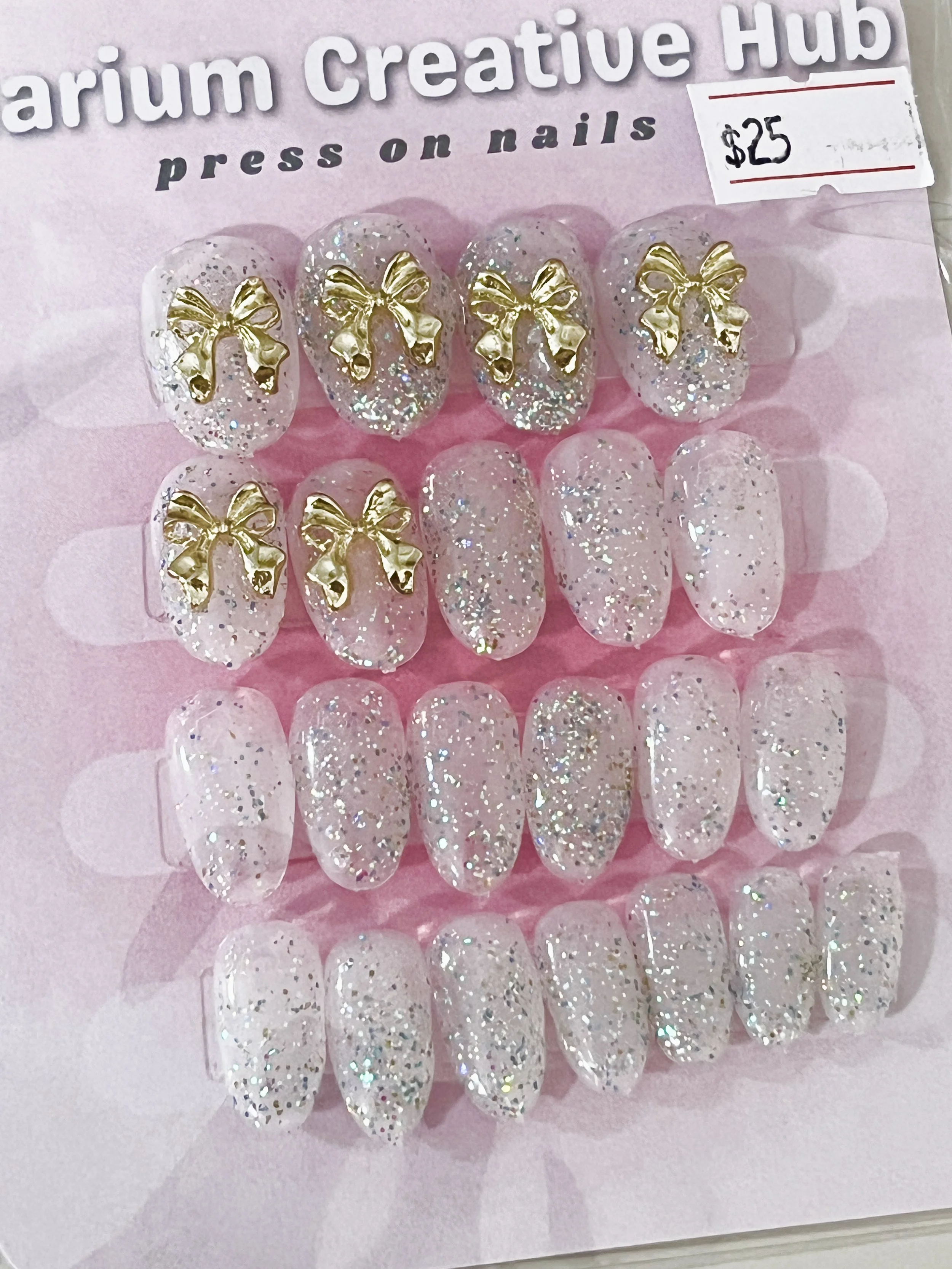 Milky White Glitter Press-On Nails with Gold 3D Bow Charms – Short Oval Luxury Nail Set | Handmade Glam Nails