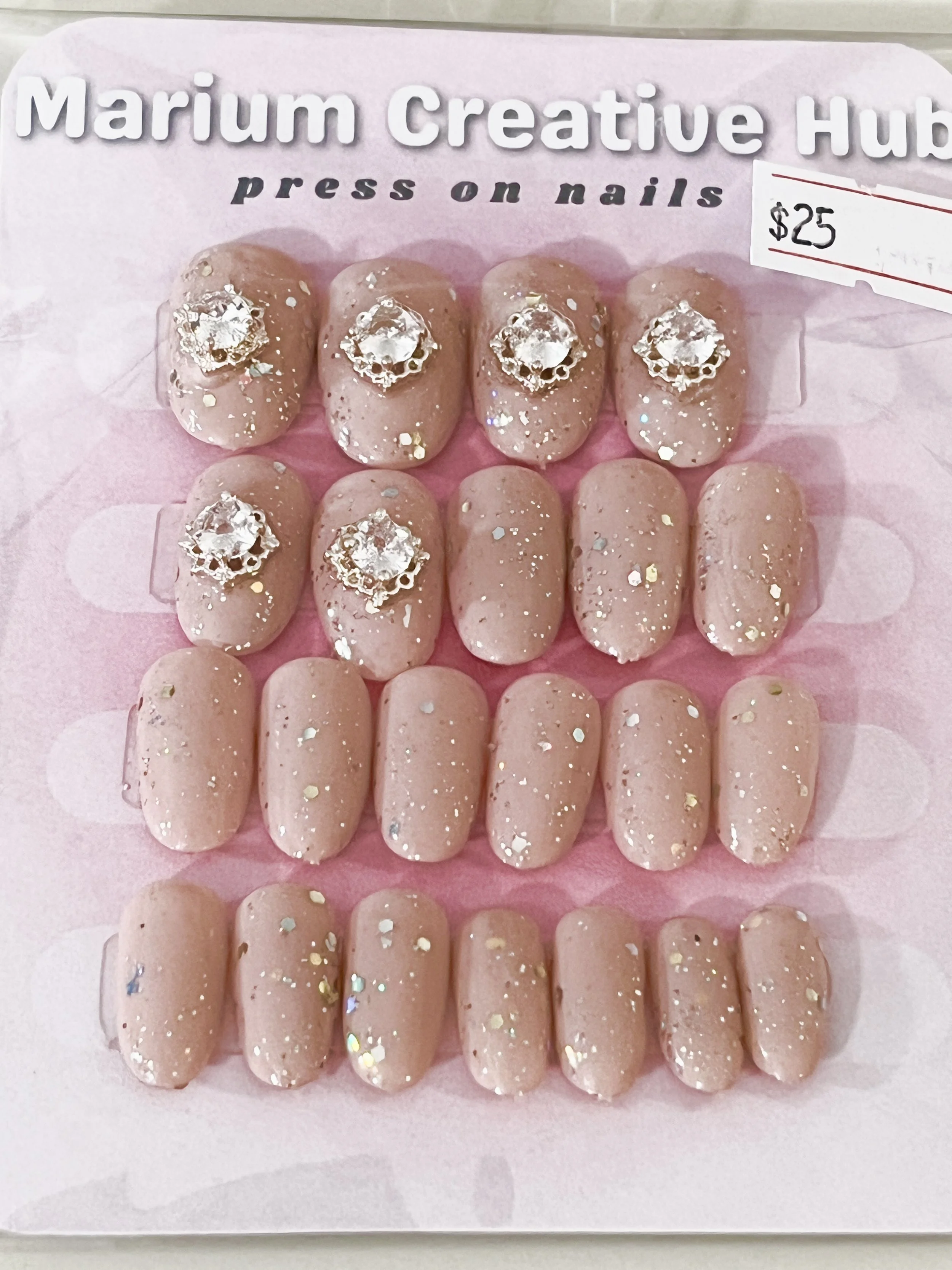 Beige Nude Glitter Press-On Nails with Large Crystal Charms – Short Oval Luxury Nail Set | Handmade Glam Nails