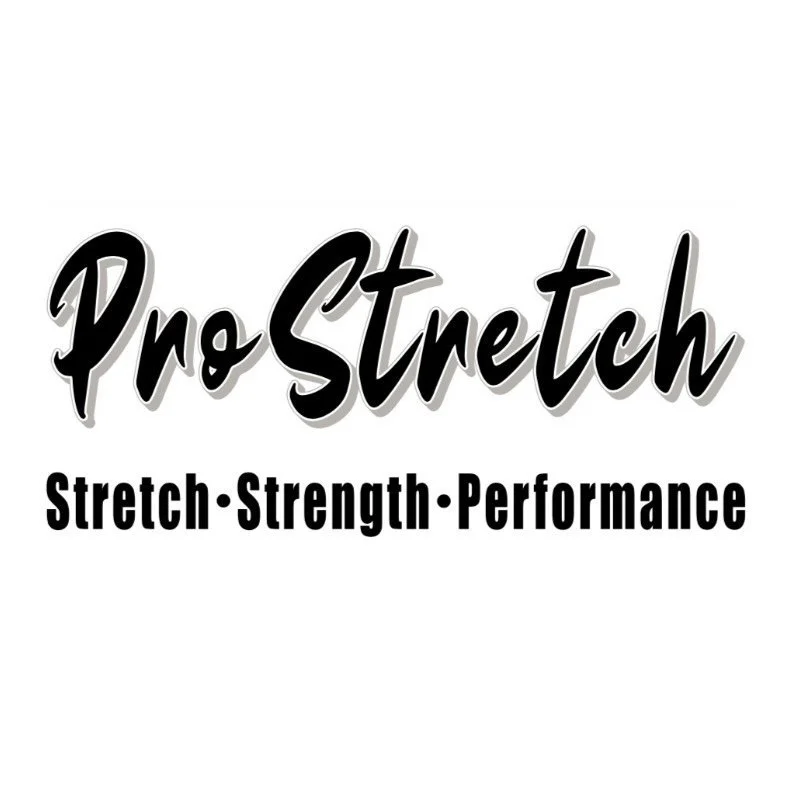 Logo for Pro Stretch with the tagline 'Stretch, Strength, Performance' in black text on a white background.