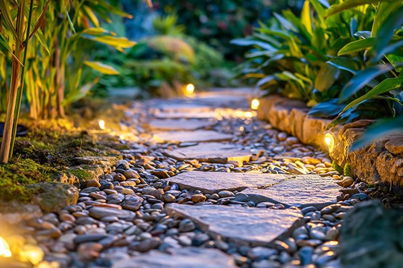 Soothing garden pathway with stepping stones, small round pebbles, lush green plants on sides, and soft yellow landscape lighting.