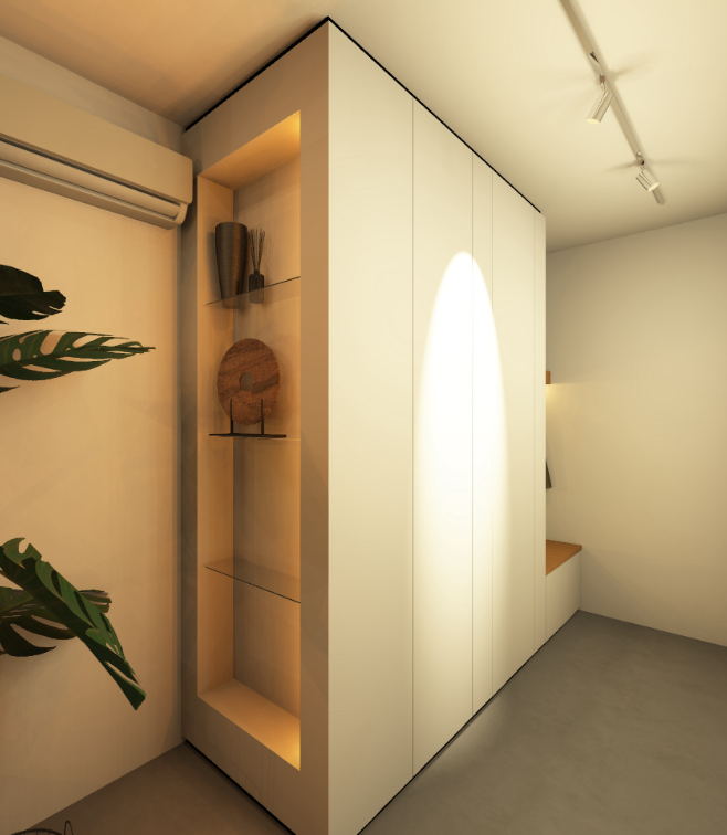 Inbouwkast op maat van Tije Interieur met een verlichte decoratieve nis, geïntegreerde LED verlichting en strakke witte fronten. Moderne maatwerkoplossing voor hal of entree, uitgevoerd in warme en minimalistische stijl.