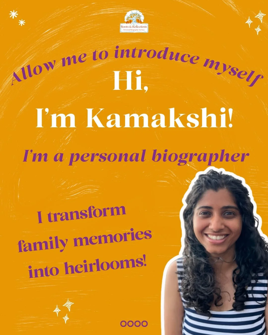Hi, I&rsquo;m Kamakshi, founder of Roots &amp; Reflections, journalist-turned-personal biographer, and the person who will sit with you, listen patiently, and turn your family&rsquo;s memories into something that lasts forever. 

Most families lose t