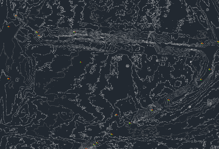Topographic map with contour lines and multiple yellow and red markers indicating specific locations.
