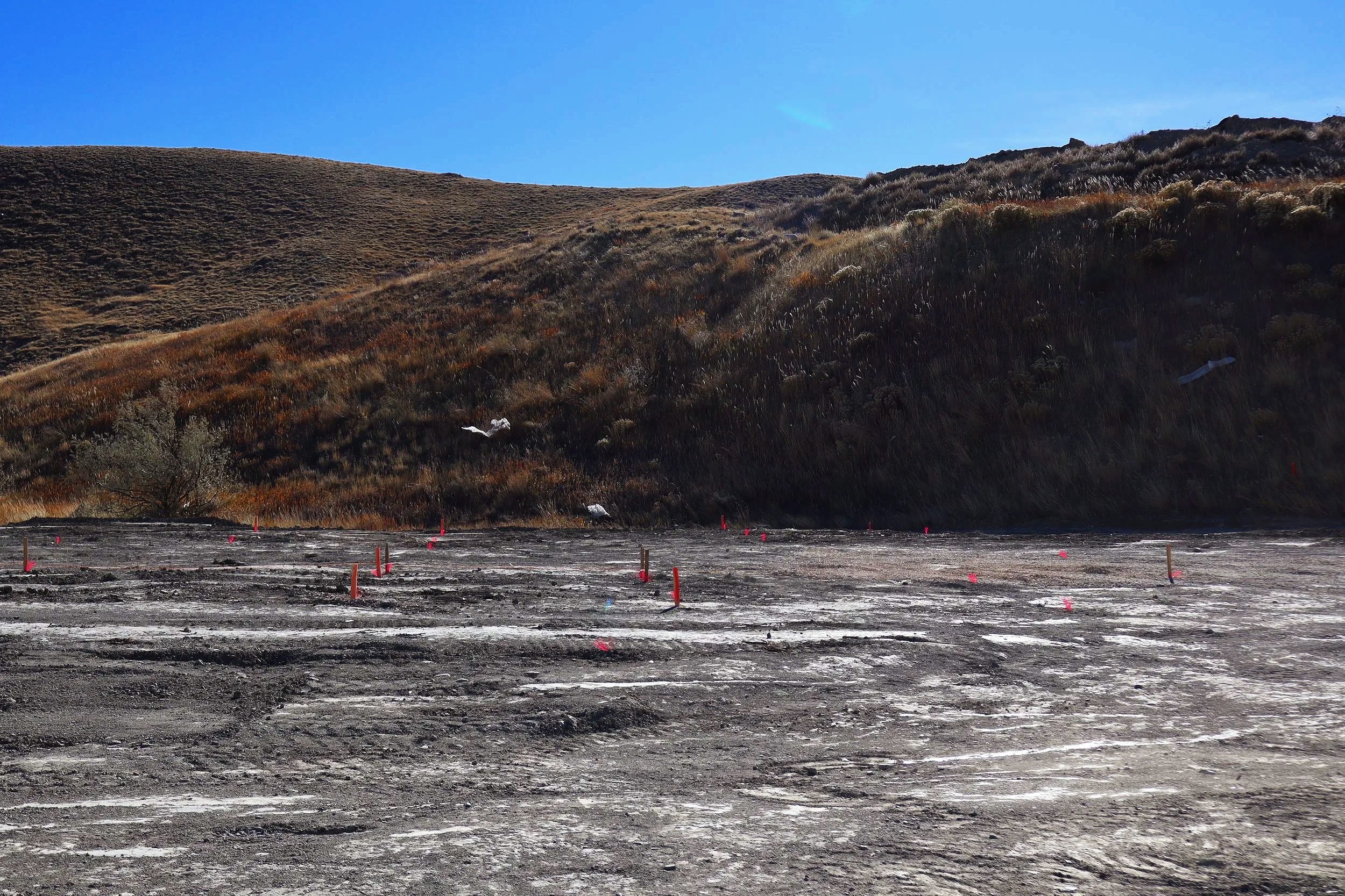 Construction site with marked stakes on barren land in front of a hillside with dry grass and shrubs under a clear blue sky.