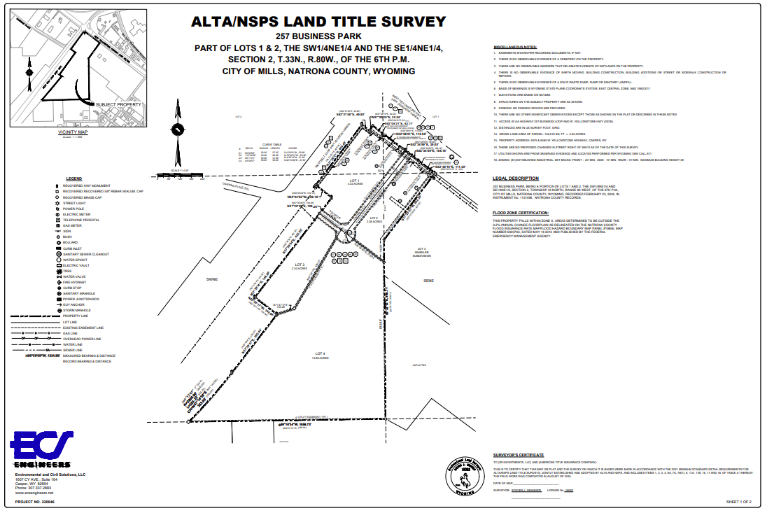 Land survey map for 257 Business Park, showing lots, easements, measurements, and various property features in Mills, Wyoming.