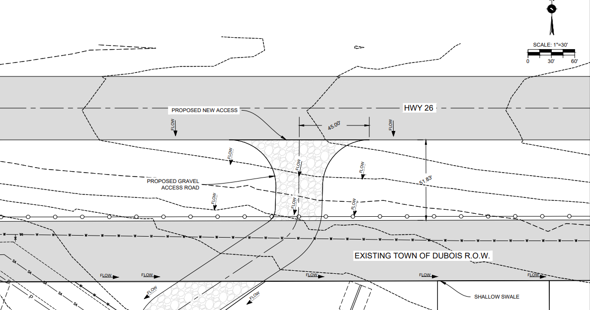 A detailed engineering plan for new roadway access including proposed gravel access road, new paved access, and modifications to existing town of Dubois right of way along HWY 26, with measurements and flow directions.