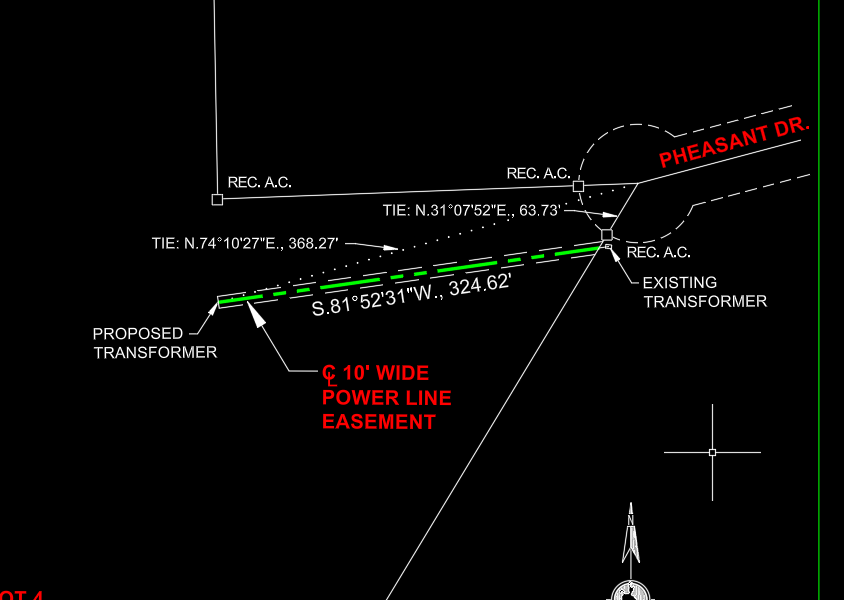 A technical drawing of a power line project showing proposed and existing transformers, wire connections with specified angles and distances, and a red label indicating 'PHEASANT DR'. The diagram includes details of power line easement and route, with directional and coordinate data.