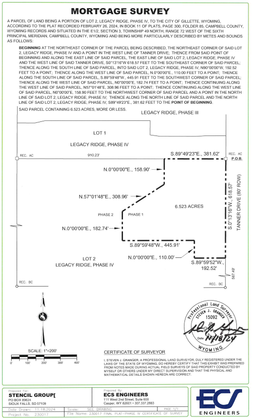 Survey map depicting Lot 1 and Lot 2 on Legacy Ridge, Phase IV with boundary lines, measurements, and labels. Includes a north arrow, scale, and surveyor's seal.