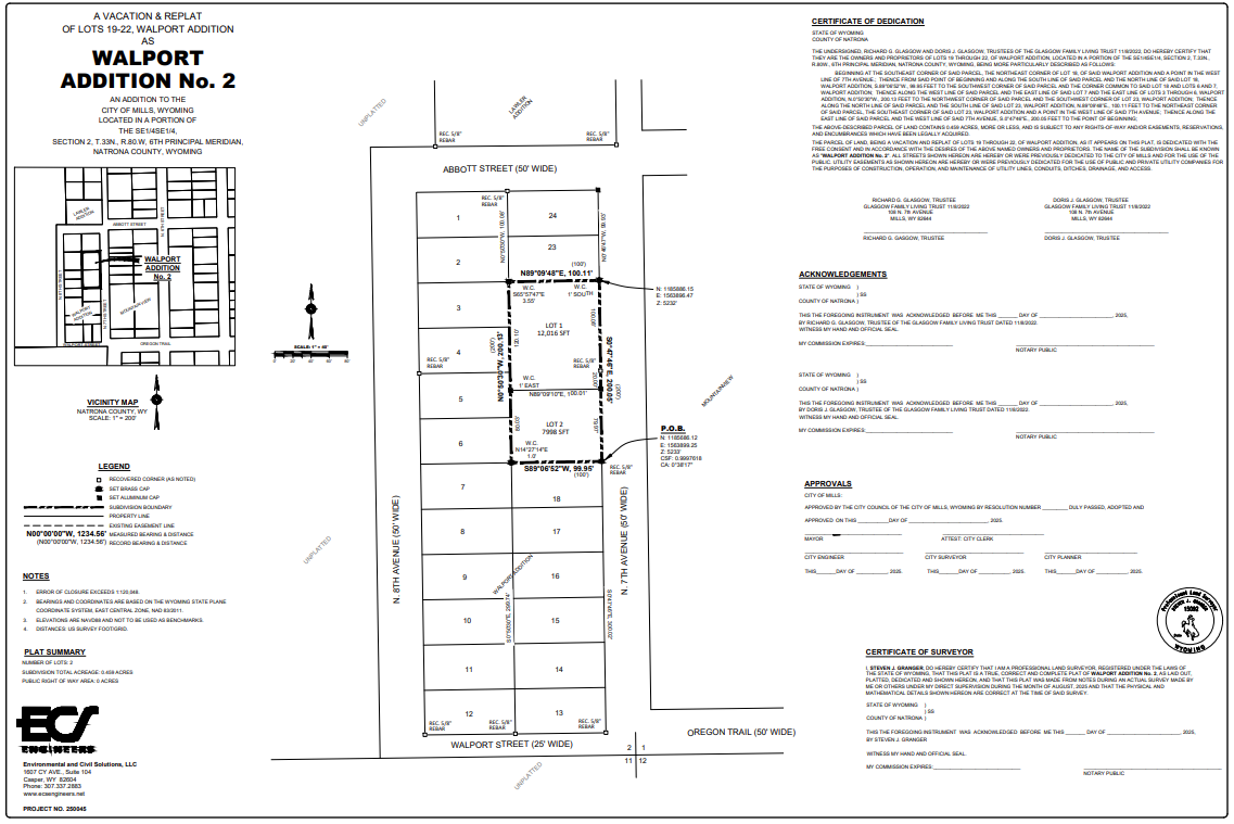 Survey map of Walport Addition No. 2 in Mills, Wyoming, showing lot layout, boundaries, streets, and titles for land subdivision documentation.