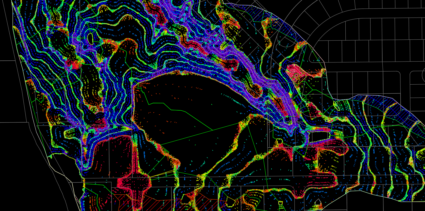 A colorful topographical map showing contour lines and elevation levels, with a large body of water in the center, surrounded by land with various land features and grid lines.