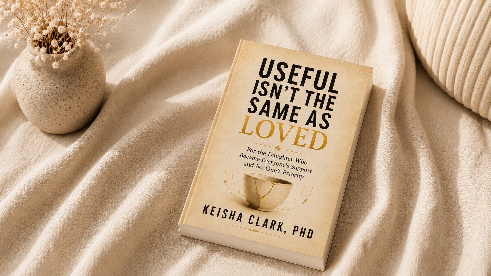 Book titled "Useful Isn't the Same as Loved" by Keisha Clark, PhD, placed on a beige fabric surface next to a white textured vase with dried flowers and a beige pillow.