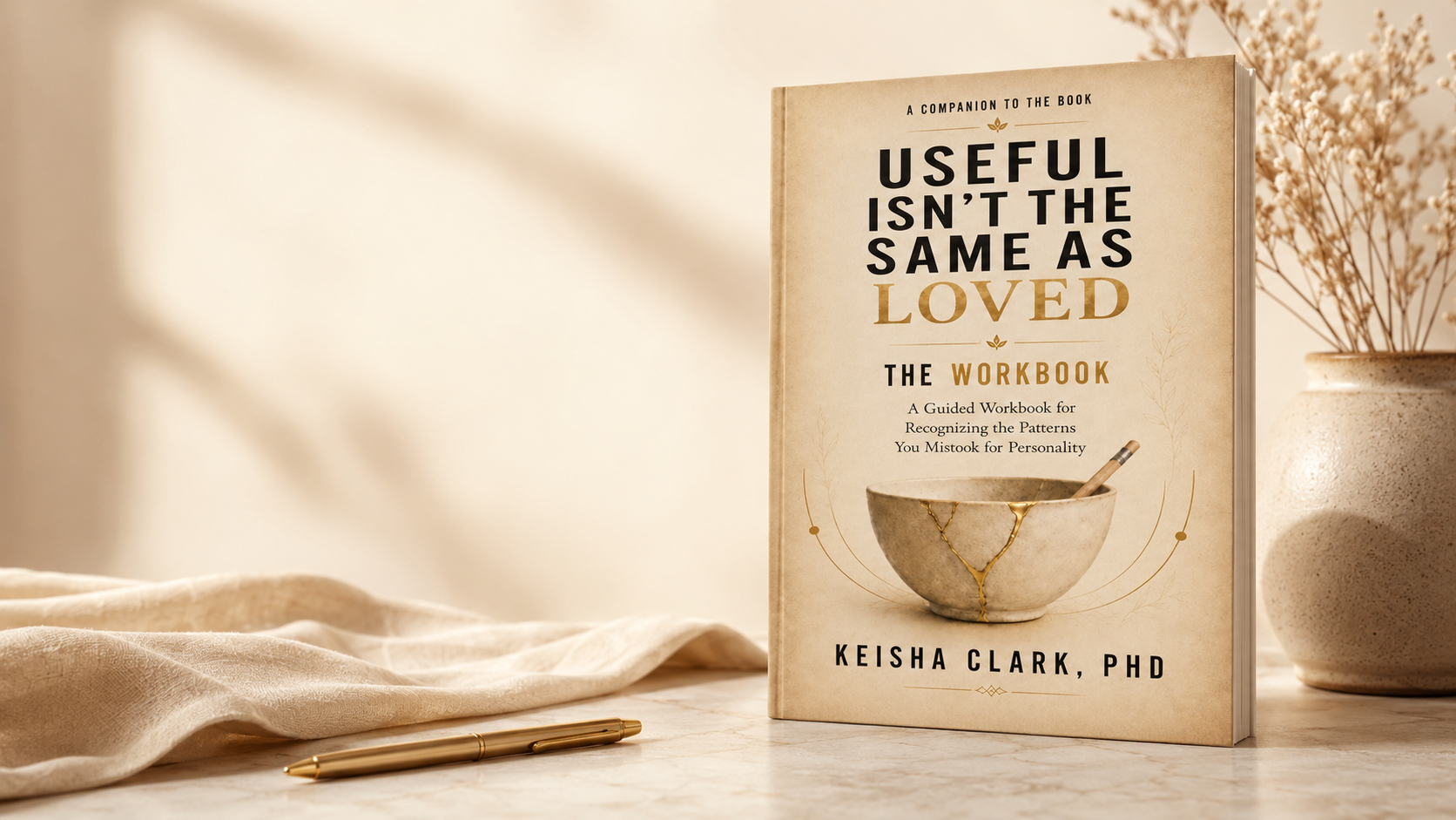 A book titled 'Useful Isn't the Same as Loved: The Workbook' by Keisha Clark, PhD, is standing on a table next to a gold pen, a beige cloth, and a textured pot with dried flowers. The background is softly lit with warm tones.