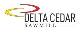 Delta Cedar Sawmill logo with red and yellow swoosh design.
