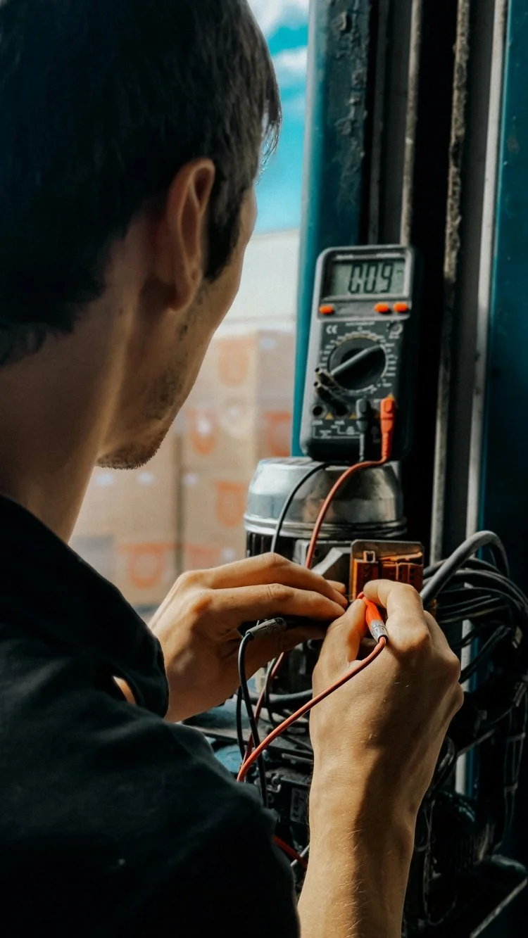 A person is working with electrical wires and a multimeter, measuring electrical current or voltage.