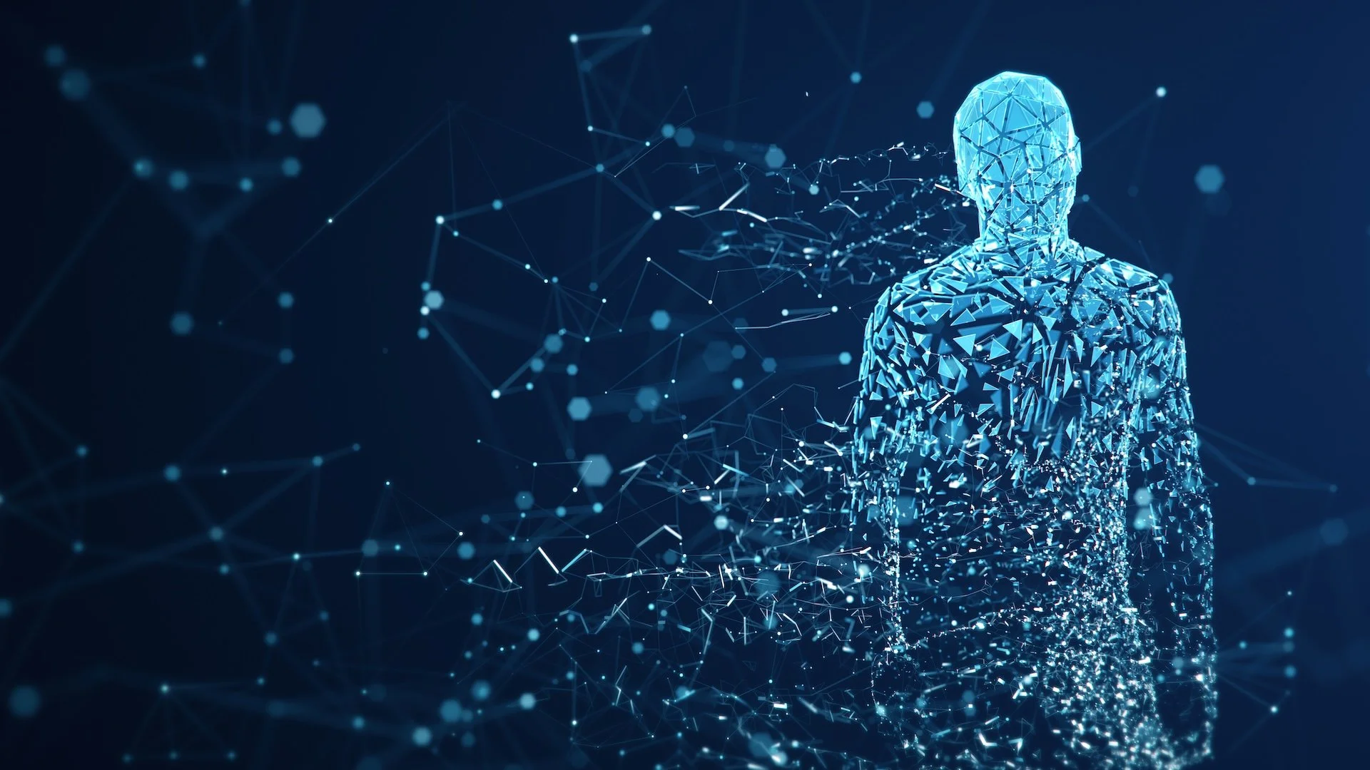 Digital rendering of a human figure composed of blue polygons and various digital particles, with a network of connecting lines and points in the background.