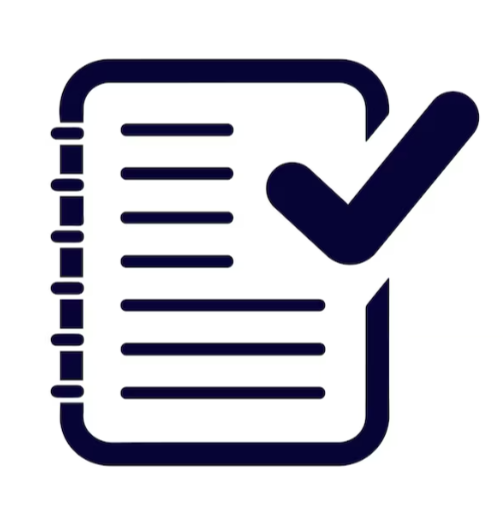Icon of a clipboard with lined paper and a large checkmark