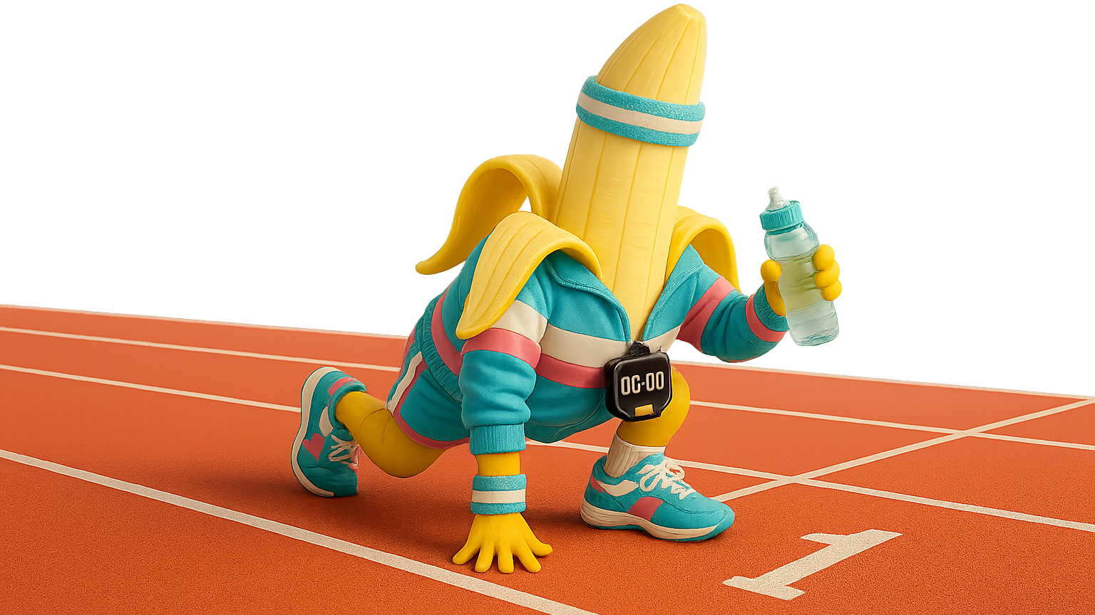 A banana wearing colorful athletic clothes, a blue sports outfit with pink and white stripes, blue and pink running shoes, a wristwatch, and a headband, is in a sprinter's starting position on a running track, holding a water bottle.