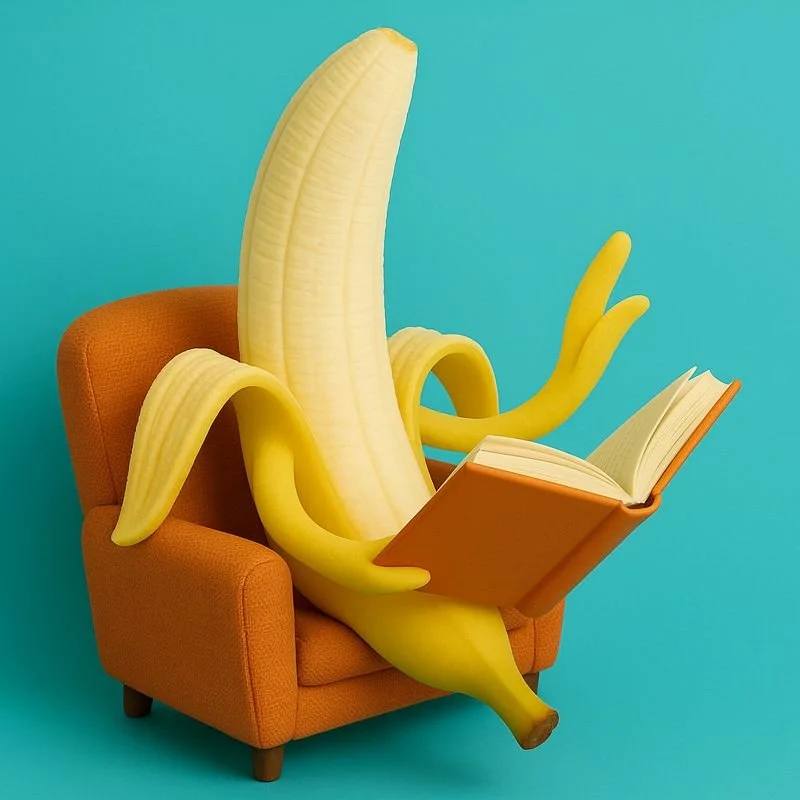 An anthropomorphic banana with peeled sections, sitting in an orange armchair, reading a book against a solid light blue background.