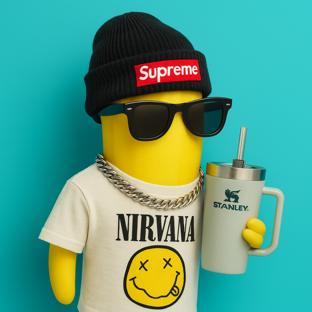 A yellow mannequin head wearing a black Supreme beanie, black sunglasses, and a Nirvana t-shirt. It has a chunky silver chain necklace, and it is holding a large Stanley cup-style mug with a straw. The background is a solid teal color.