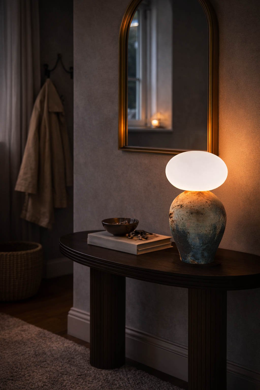 A wood fired table lamp with an ocean blue ceramic base and a white orb-shaped shade on a dark wooden table. The lamp is turned on, emitting a warm glow. Above the table is a rounded rectangular mirror with a gold frame.