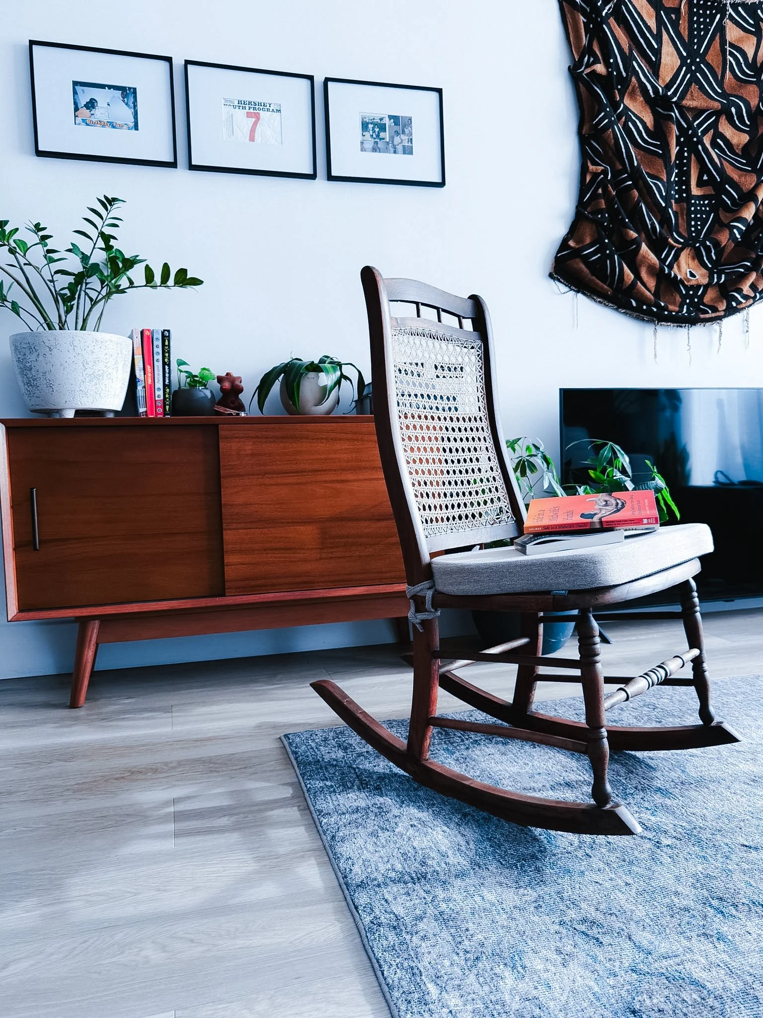 Living room with a mid-century modern wooden sideboard, potted plants, framed pictures on the wall, a patterned curtain, a wooden rocking chair with a book, and a flat-screen TV on a stand, sitting on a light-colored wooden floor with a blue and whit