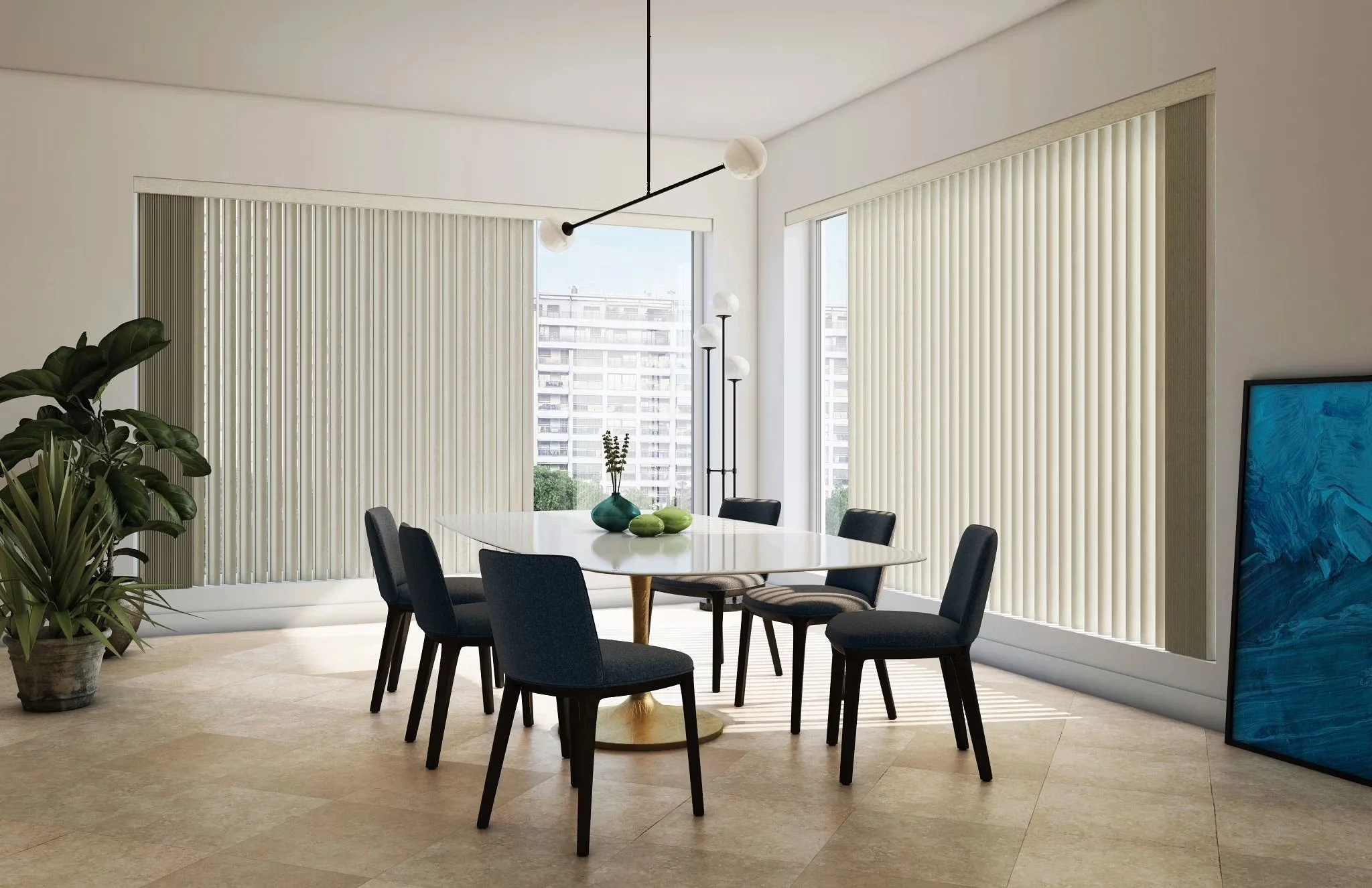 Interior of a modern dining room with a round table, six black chairs, a large plant in a pot, large windows with vertical blinds, and a blue abstract painting.