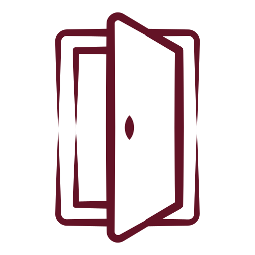 Outline of a door opening with panes, drawn in dark maroon.