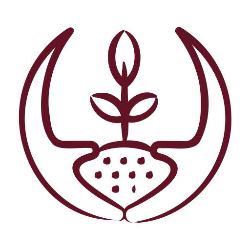 A line drawing of a plant growing from a heart-shaped seed, encircled by a crescent shape.