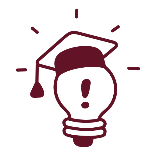 A light bulb with a graduation cap on top and an exclamation mark inside the bulb, indicating an idea or warning related to education or knowledge.